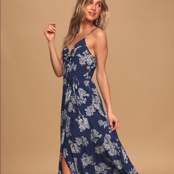 Blissful Breeze Navy Blue Floral Print Faux Wrap Maxi Dress - Picture 10 of 10